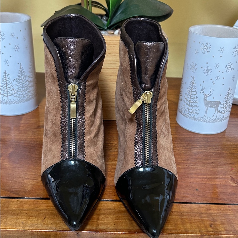 Devani Italian Brown Leather Suede Black Patent Leather Front Zip Ankle Boots